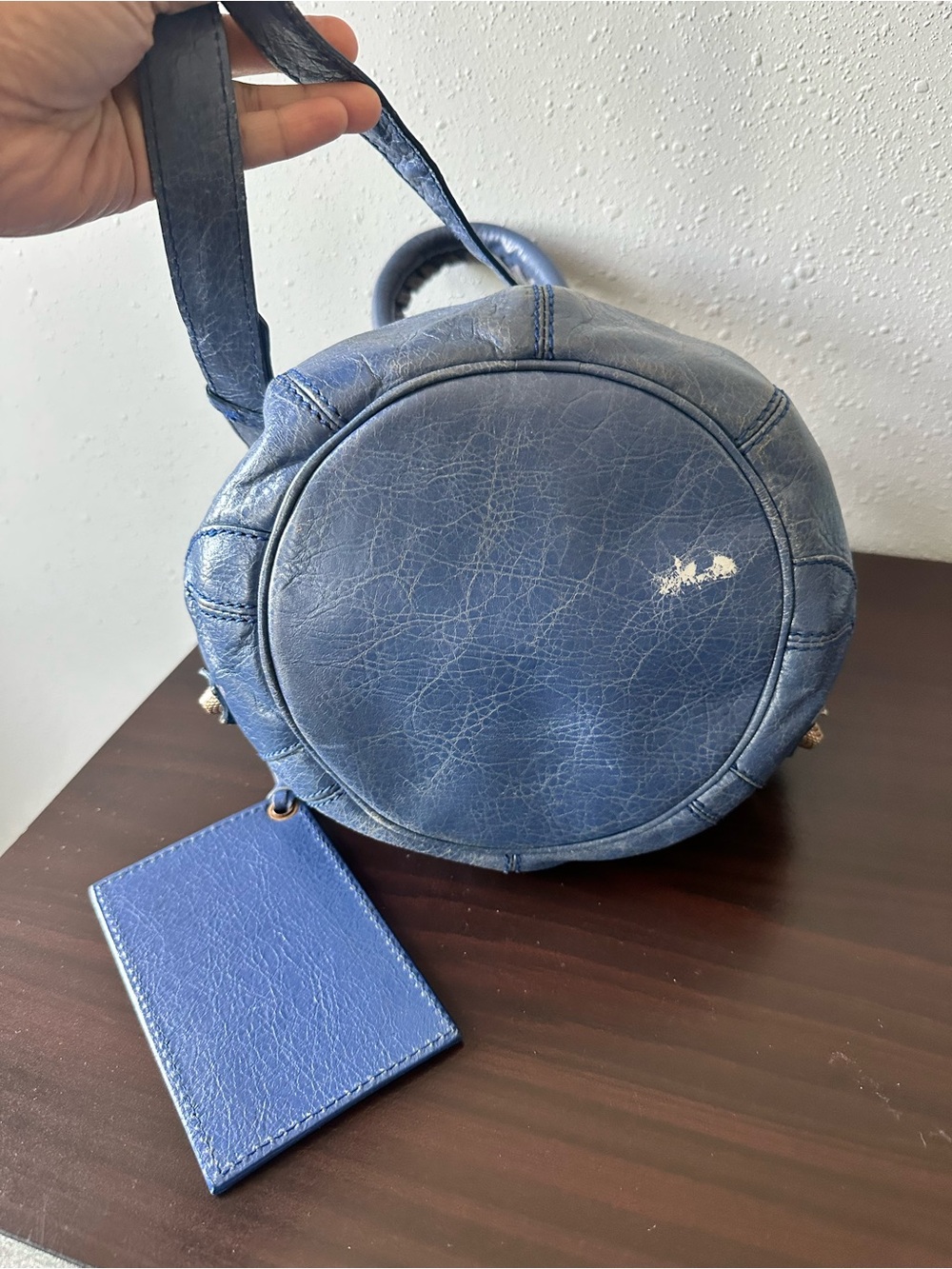 Balenciaga Distressed Blue Leather Drawstring Mini Bucket Bag - Picture 4 of 6